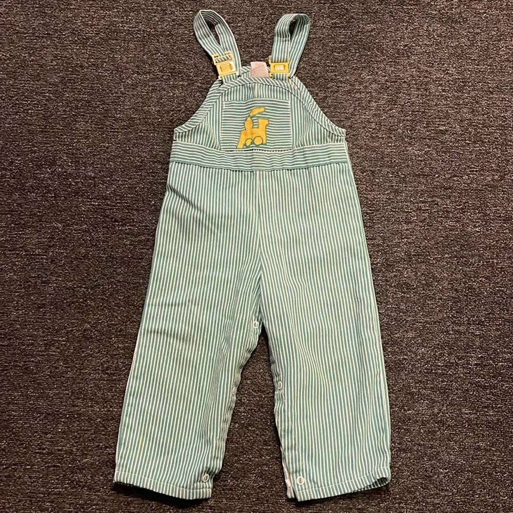 Sears Brand Vintage Large Infant Size Green & White Striped Overalls Train